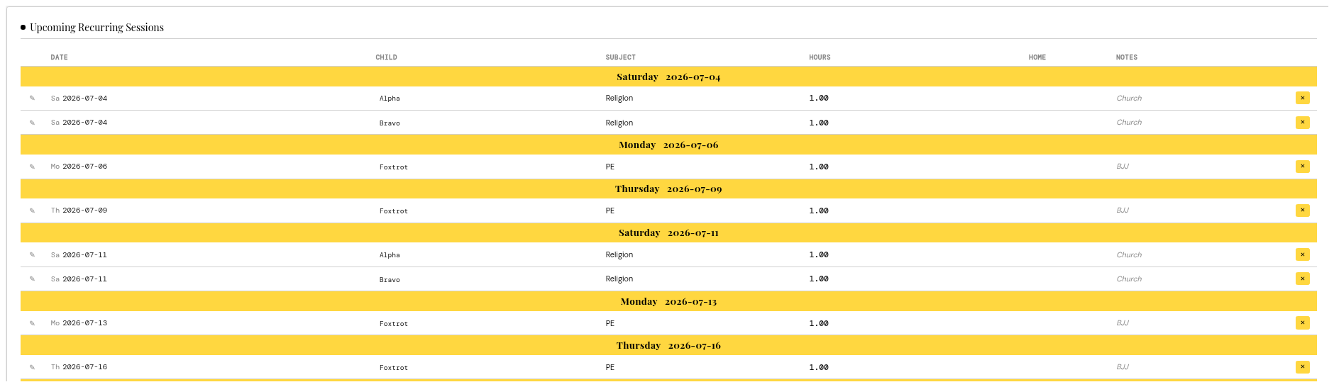 Upcoming recurring sessions auto-scheduled by date