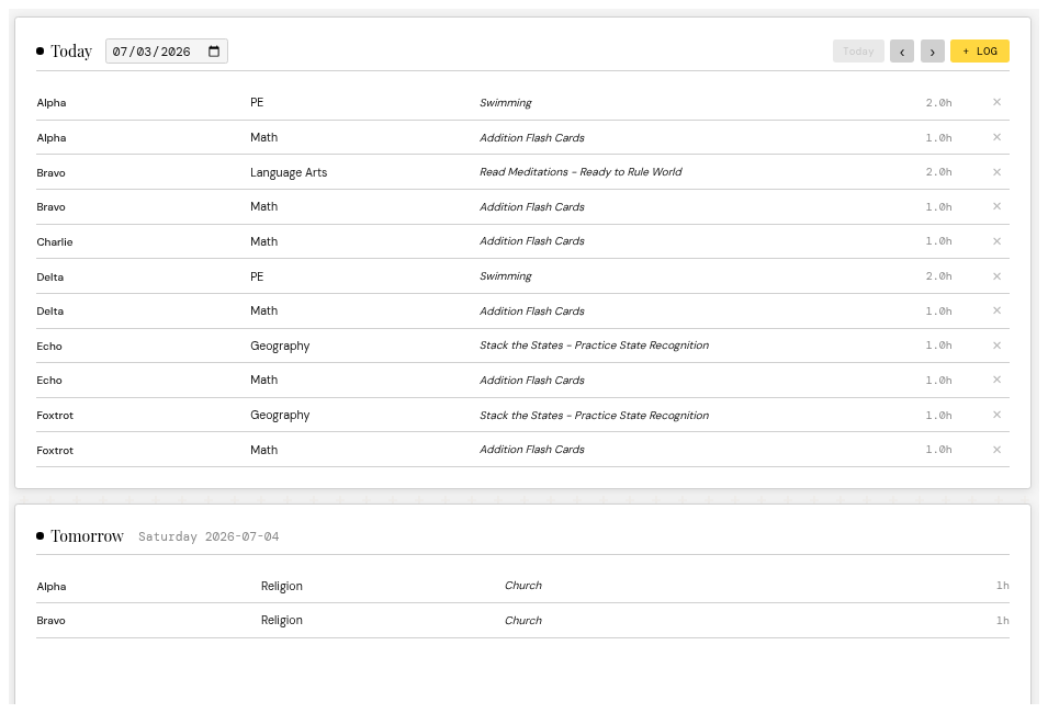Today panel with logged activities and a Tomorrow preview